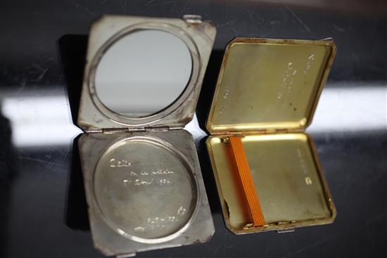 A cased 1930s Art Deco Asprey & Co engine turned silver and two colour enamel compact and matching cigarette case, compact 3in.